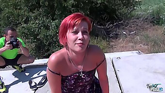 Redhead Babe Gives A Public Blowjob And Receives A Massive Load